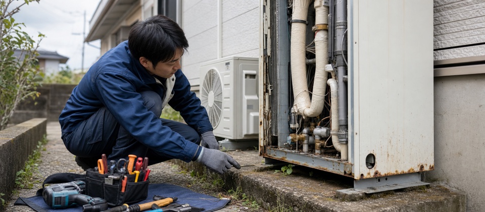 点検用の工具が置かれた経年使用後のエコキュート設備