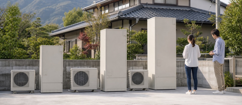 容量の違いを比較するために並べられた3種類の貯湯タンク