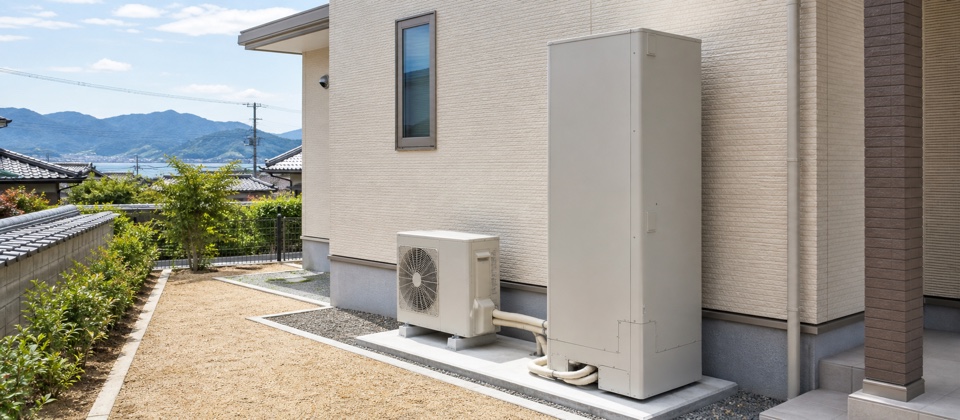 住宅の外壁沿いに設置されたエコキュートの貯湯タンクとヒートポンプユニット